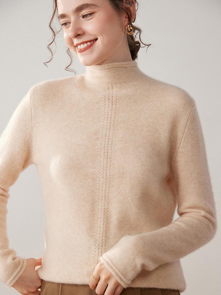 Women's Cashmere Rolled Hem High-Collar Hollow Sweater - Loose Knit Base Layer for Autumn/Winter