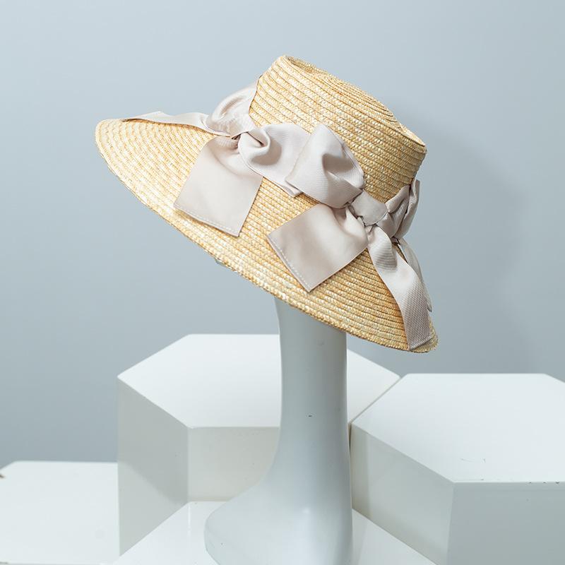 Female Natural Stiff Wheat Straw Boater Hat Summer Flat Top Fedora Hat Women Wide Brim Sun Hats for Travel Beach Jazz Panama New