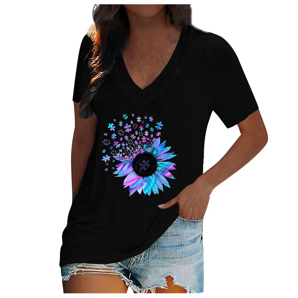 Women's T-shirt V-neck I Sunflower Print Pullover Casual Short-sleeved Top
