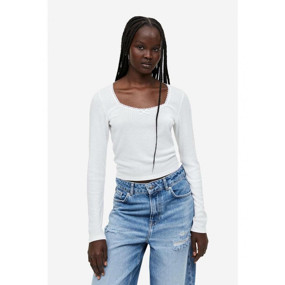 

H&M Lace Trim Ribbed Top Cream 1163096001