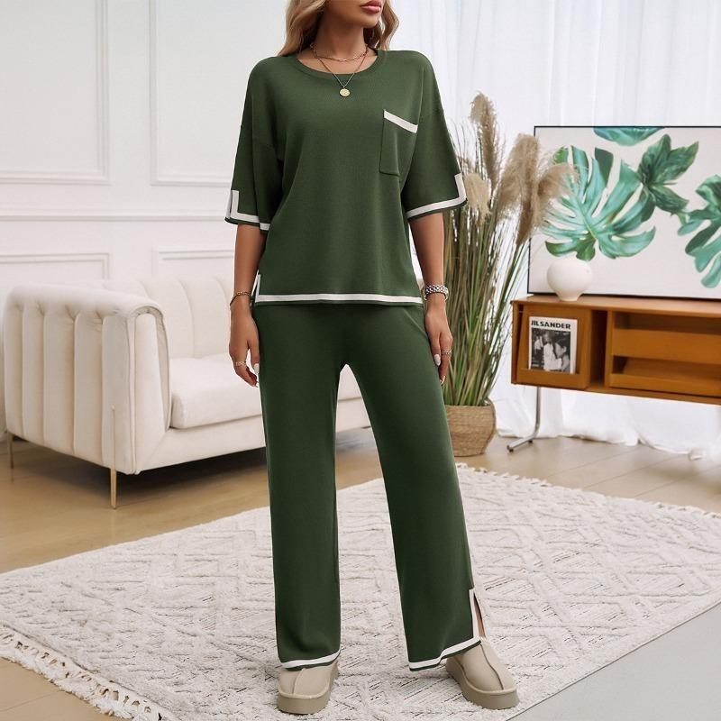 Women's Autumn and Winter Temperament Communicator Collision Short Sleeve Long Pants Sweater Set