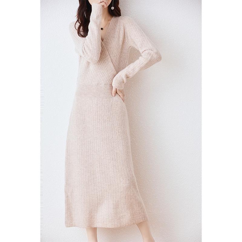 Women's 100% Pure Wool Mid-Length V-Neck Sweater Dress - Long Sleeve, Below Knee, Autumn/Winter Style