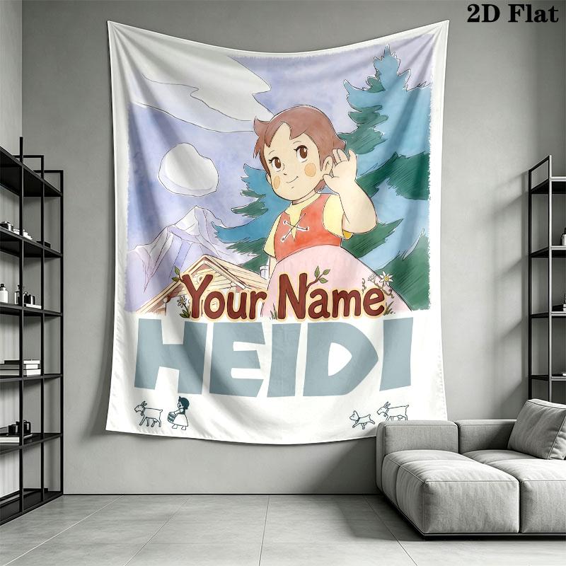 Heidi Alps Cartoon Custom Name Wall Tapestry Aesthetic Wall Hanging Printed Fabric Blanket Decorative Tapestries for Bedroom Living Room Home Decor