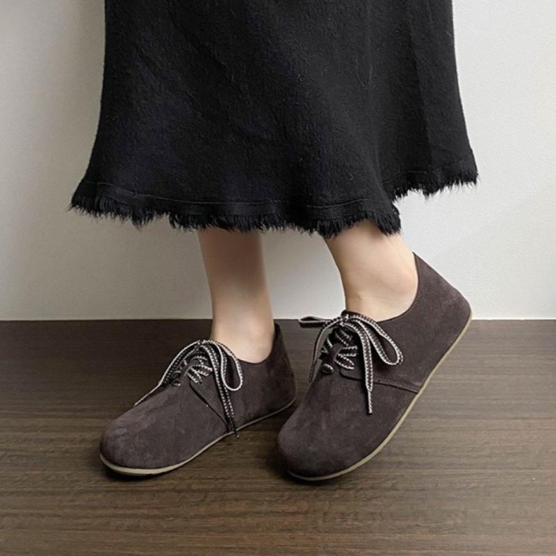 Fashion High-Quality Faux Suede Flats for Women Retro Round-Toe Lace-Up Sewing Designers Shoes Comfortable Non-Slip 42 Plus Size Loafers