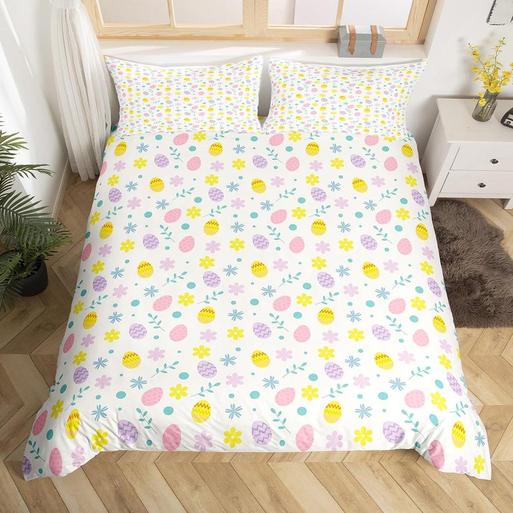 Easter Eggs Duvet Cover Boys Girls Cartoon Colorful Egg Theme Bedding Set Happy Easter Comforter Cover Floral Flower Quilt Cover