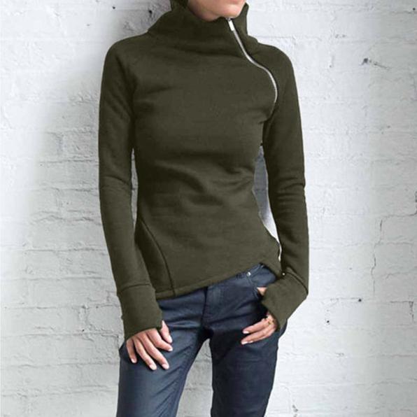 Yingzihua- Women Solid Blouse Long Sleeve Pullover Turtleneck Zipper Sweatshirt Tops