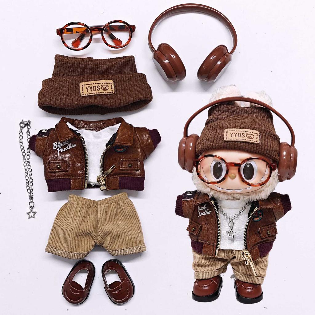 Retro motorcycle wind doll coat pants children's hats headphones glasses 15-17cm rag plush blind box doll dress up accessories