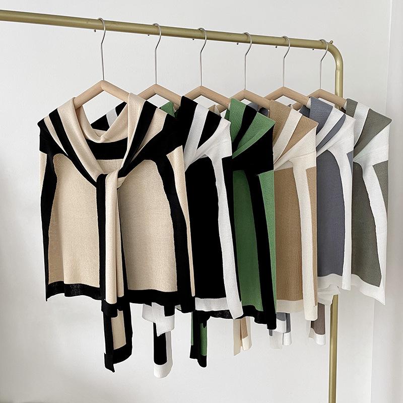 Navy Style Knitted Shawl for Women: Spring/Summer Sun Protection, Air-Conditioned Room Wear, Color Block Design, Fake Collar.
