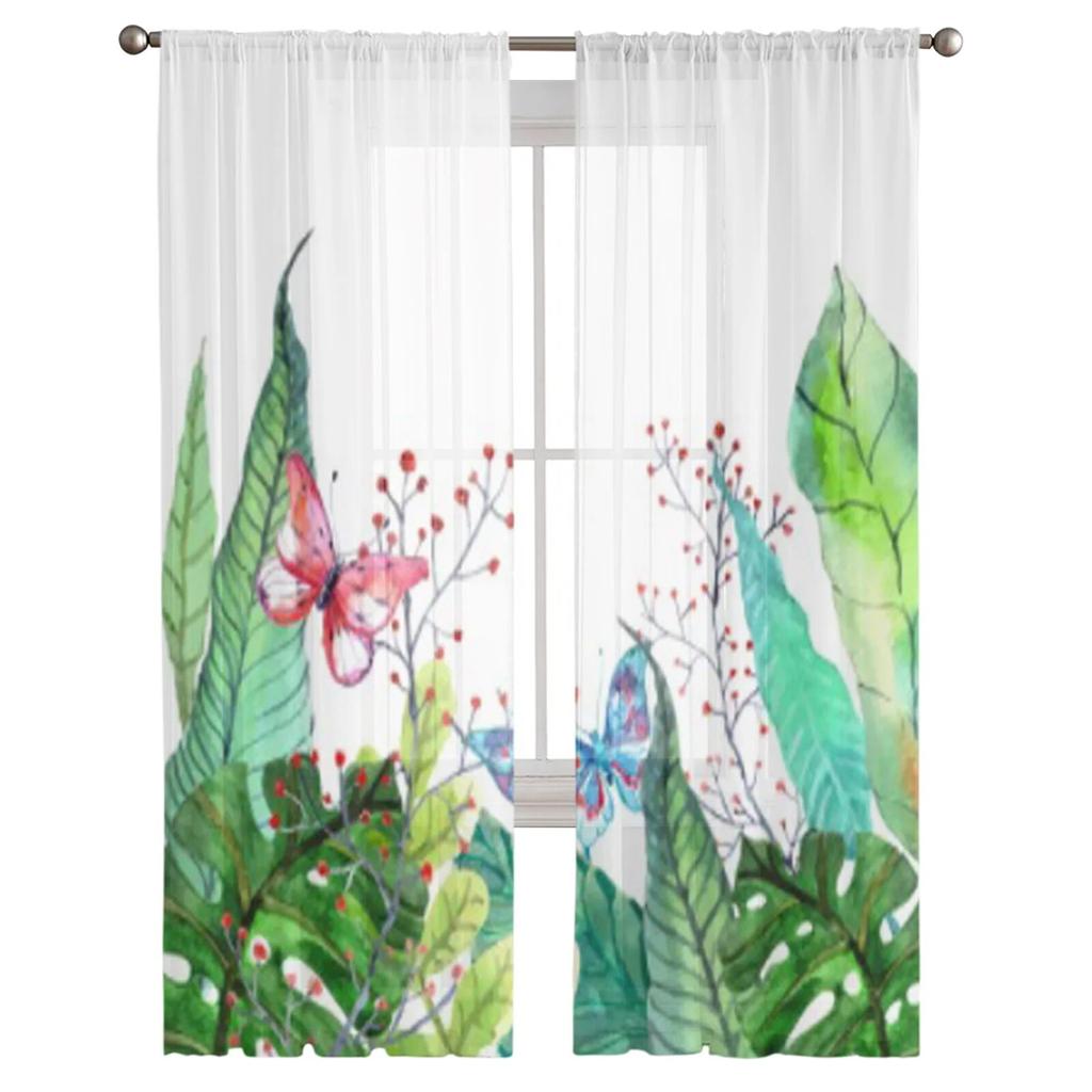 Tropické akvarelové listy a motýli Průsvitné závěsy do ložnice Vynikající voálový závěs Obývací pokoj Kuchyňské závěsy