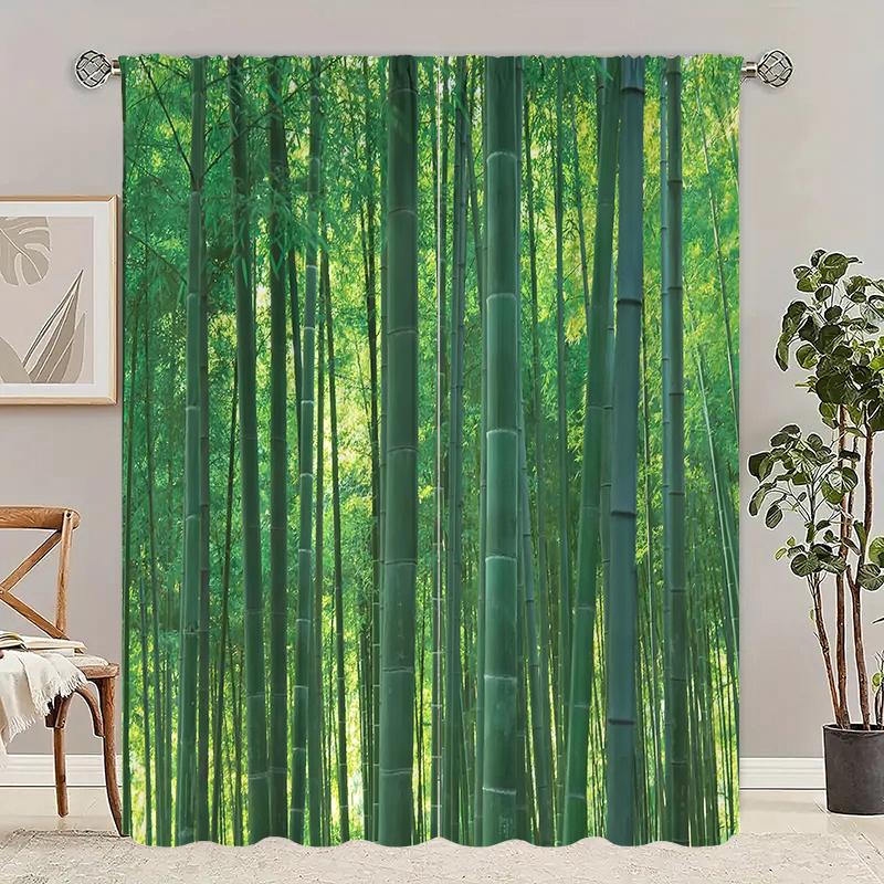2 Stück Vorhänge mit grünem Bambuswald-Druck, Stangentaschenvorhänge, Schlafzimmer und Wohnzimmer, Heimdekoration, Raumdekoration