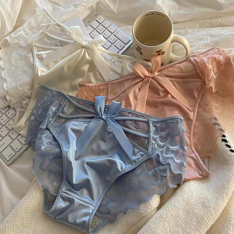Pure Desire Wind Sexy Lace Bow Tie Cross Underwear Women's Pure Cotton Crotch Middle Waist Briefs Breathable Triangle Panties