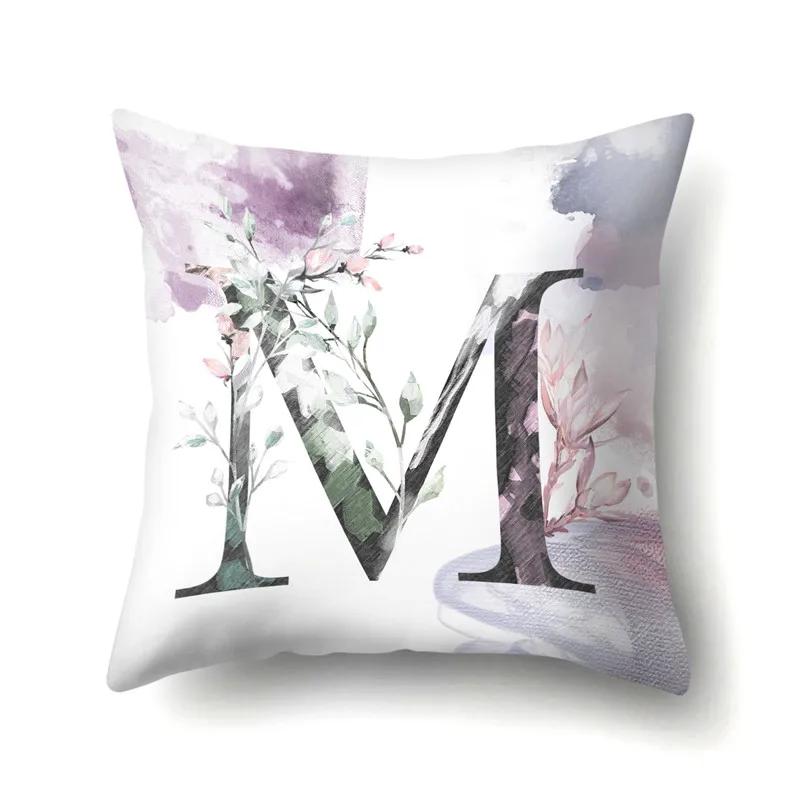 Decorative 26 Letters Polyester Pillow Case For Sofa Alphabet Flowers Printed Cushion Cover Case Home Decor Almofada 45X45Cm