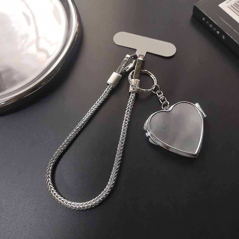 

1pc Korea Silver Bone Love Heart Mirror Pendant Diagonal Lanyard Clip Style Pendant Mobile Phone Long Neck Strap Anti Loss Sling Other