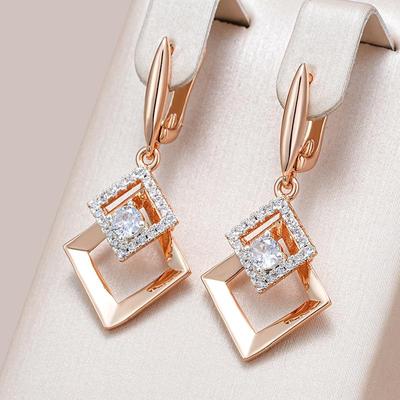 Doppio quadrato liscio color oro intarsio placcato argento zircone serratura inglese orecchini pendenti gioielli geometrici da donna di lusso