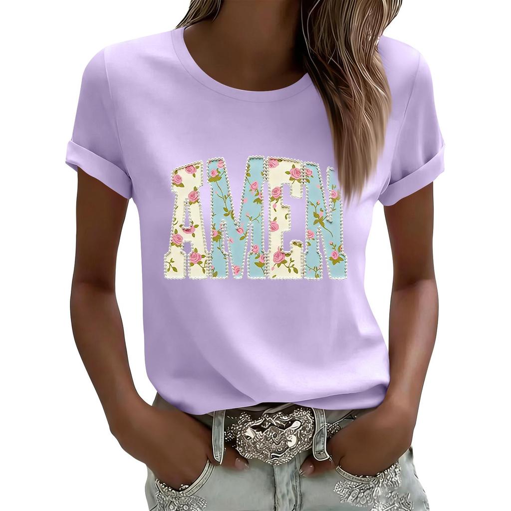 Women's Casual Printed T-Shirt Round Neck Pullover Short Sleeve Top