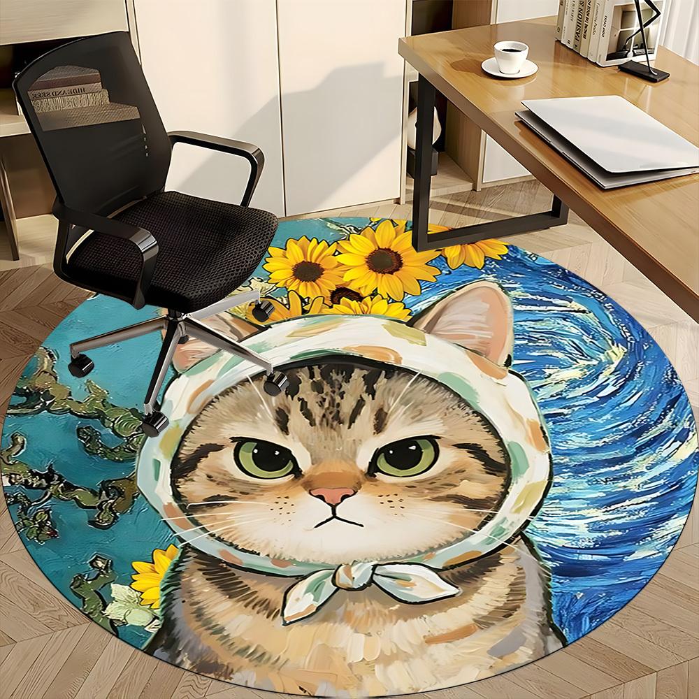 1PC Cat Sunflowers Office Round Area Rug,  Mat Suitable ForOffice, Under Office Chairs Bedroom Living Room Home Decor, Room Deco