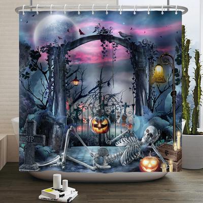 Rideau de douche Halloween Nuit de la Lune d'Horreur Citrouille Crâne Squelette Château Effrayant Sorcière Fantôme Cimetière Rideaux de Salle de Bain Imperméables