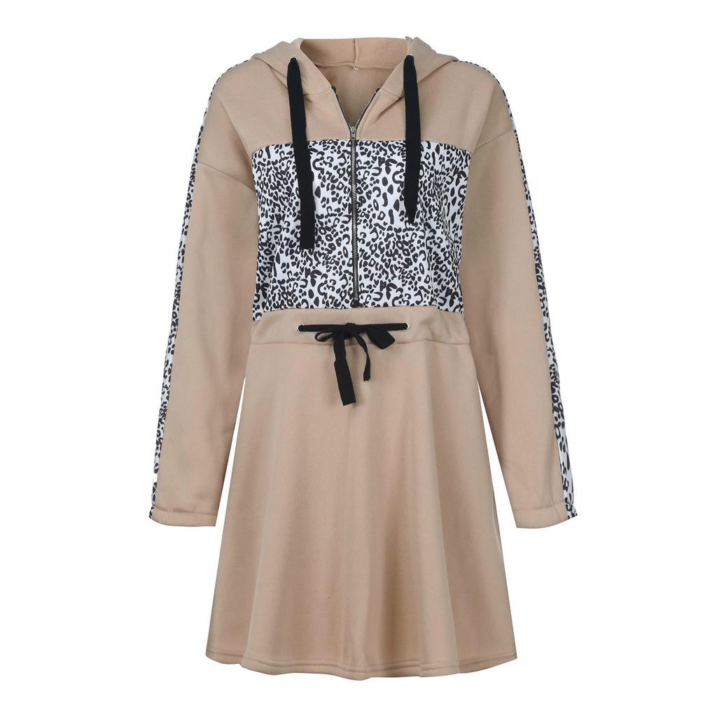Women's  Leopard Print Patchwork Long-sleeved Hooded Zipper Waist Dress
