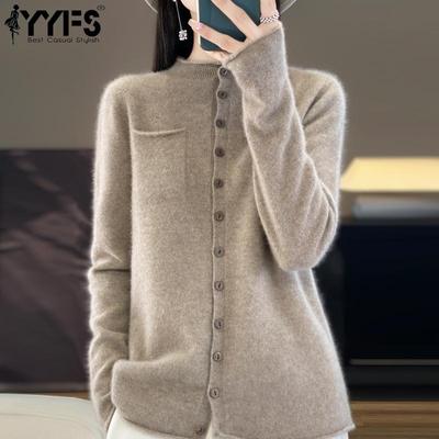 Cardigan girocollo in cashmere da donna Qinghe Cashmere 30% Cashmere 70% Lana Maglione invernale lavorato a maglia Maglione autunnale Maglione in cashmere