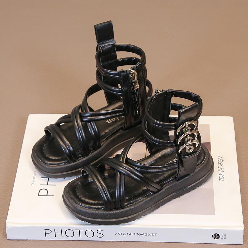Girls Summer Gladiator Sandals with Side Zippers Metal Buckles Deco Cool Fashion 2024 Summer Brand New Kids Beach Shoes High-top