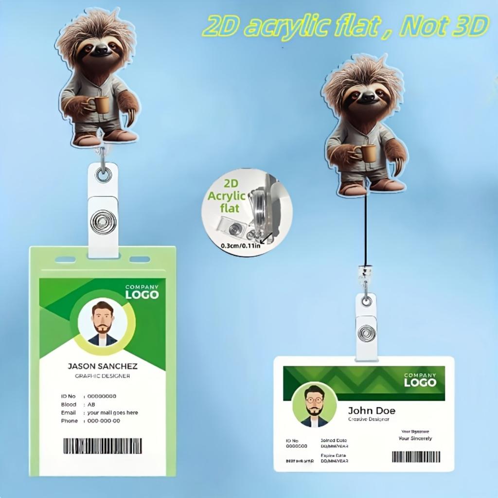 Tea Drinking Sloth 2D Acrylic Retractable ID Badge Reel, Solid PMMA Clip Holder Suitable For Registered Nurses Doctors And Medical Learners