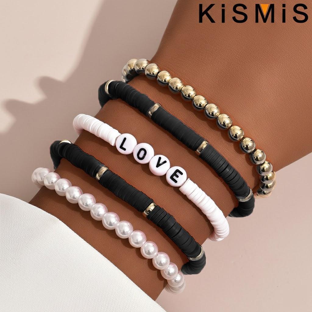 

5Pcs Colorful Clay Bracelets for Women Beach Charm Elastic Soft Pottery Boho Style Jewelry Set чёрный