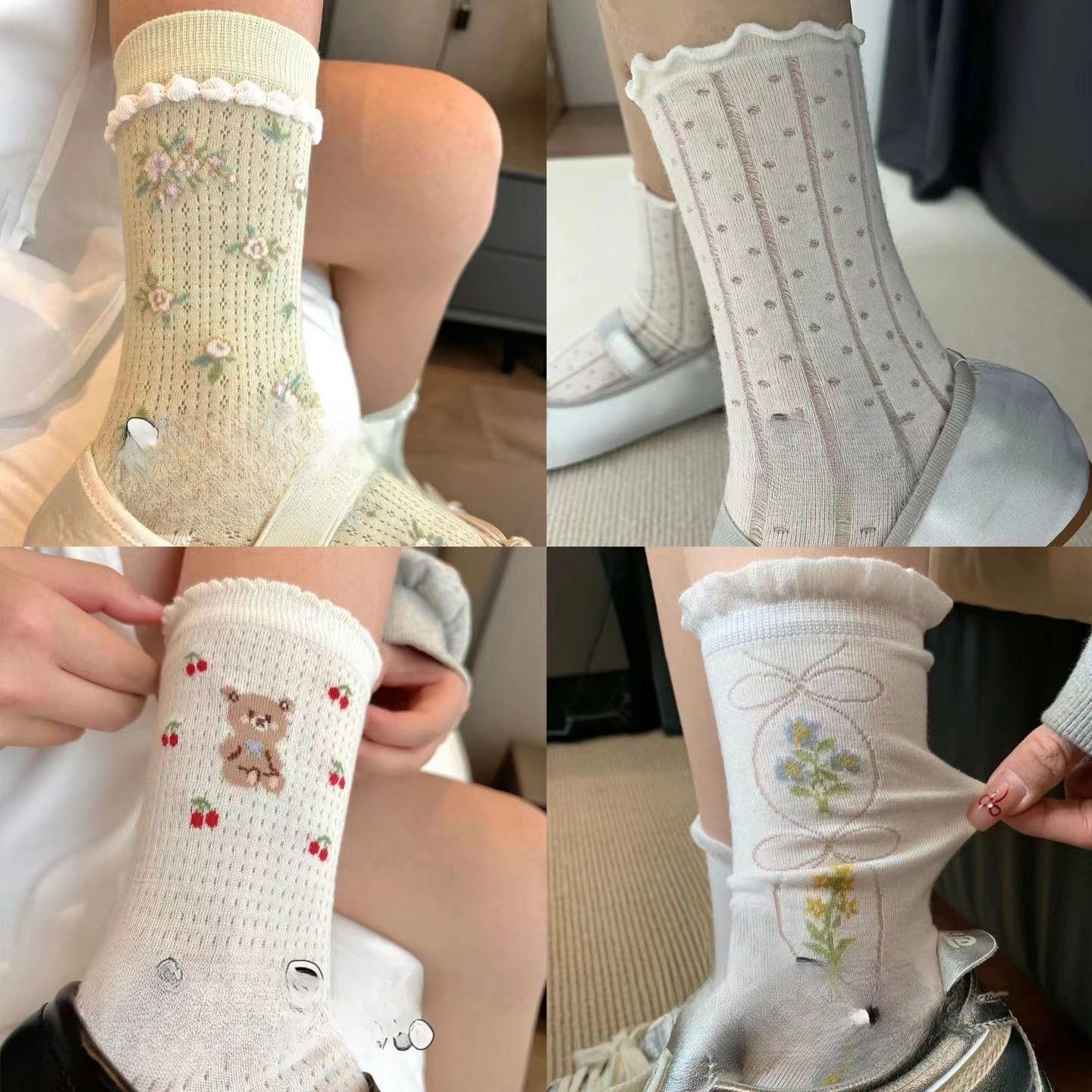 

Сетчатые носки, средние носки-трубы, чистый хлопок, летние, тонкие, вишневые, с кружевом и кожаной обувью, дезодорирующие носки 4 pairs