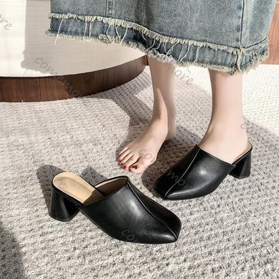 Comemore High Heels Mules Women Slippers Summer Shoes 2025 New Elegant Solid Color Casual Chunky Heeled Baotou Half Slipper