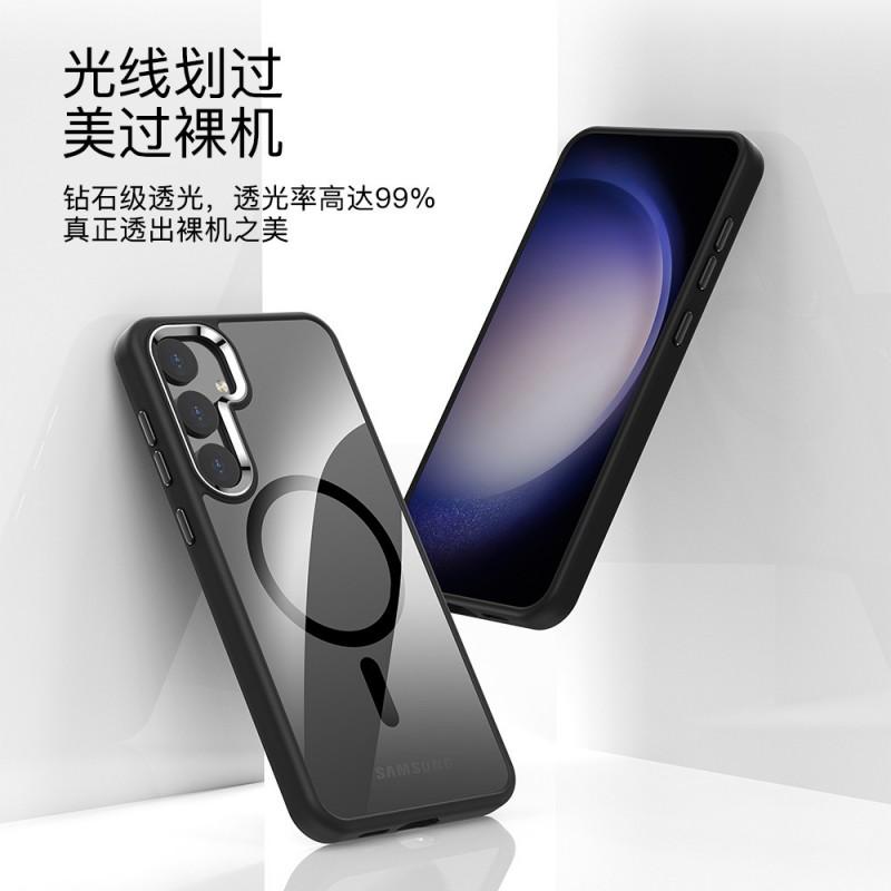 Magnetic Snap-On Phone Case Galaxy S24 Ultra Plus TPU Bumper With Metal Camera Ring Transparent Hard PC Back