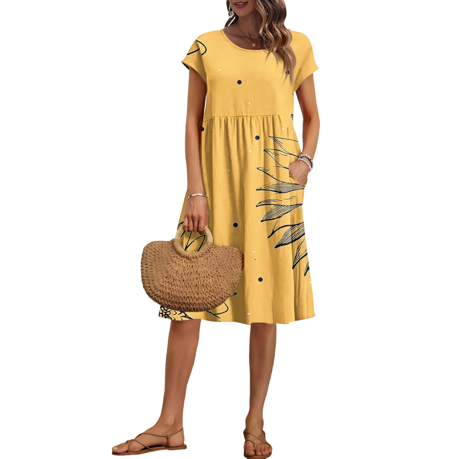 

Жіноча літня модна повсякденна сукня з круглим вирізом, коротким рукавом та квітковим принтом M