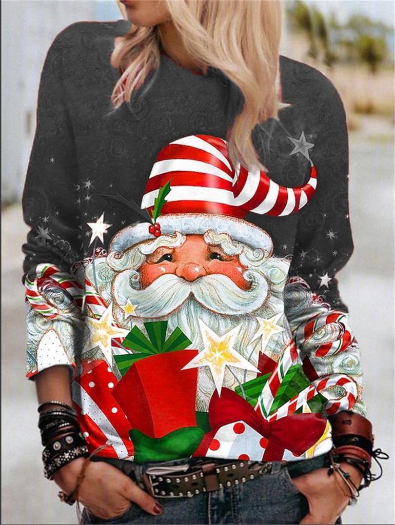 Cartoon Christmas Deer T-shirt moda donna manica lunga Autunno Inverno Street Hip Hop Pullover Top girocollo T-shirt natalizie