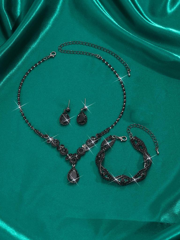 Bridal Jewelry Set: Rhinestone Zircon Teardrop Necklace, Earrings, Bracelet, Ring