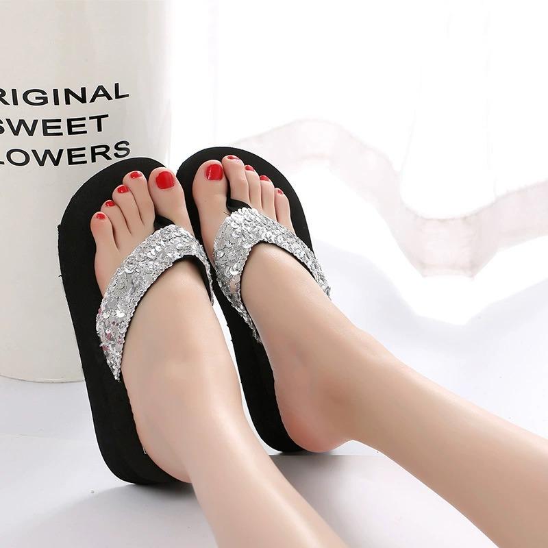 Summer Sequined Flip-flops, Wedge-heeled Home Slippers Beach Shoes Lightweight Slippers
