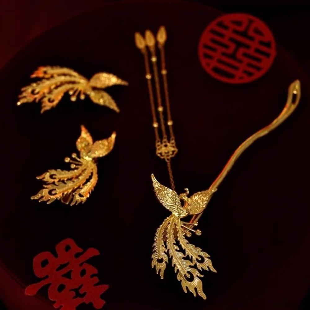 Zinc Zinc Alloy Tassel Hairpins Ancient Style Bridal Hair Ornament Phoenix Hairpin Set  Hanfu Accessories