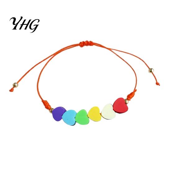 Cute Layered Cord Jewelry Colorful Hearts Bracelet, Handmade Braided String Adjustable Daily Wear Heart Shaped Clay Beads for Women Girls Lightweight