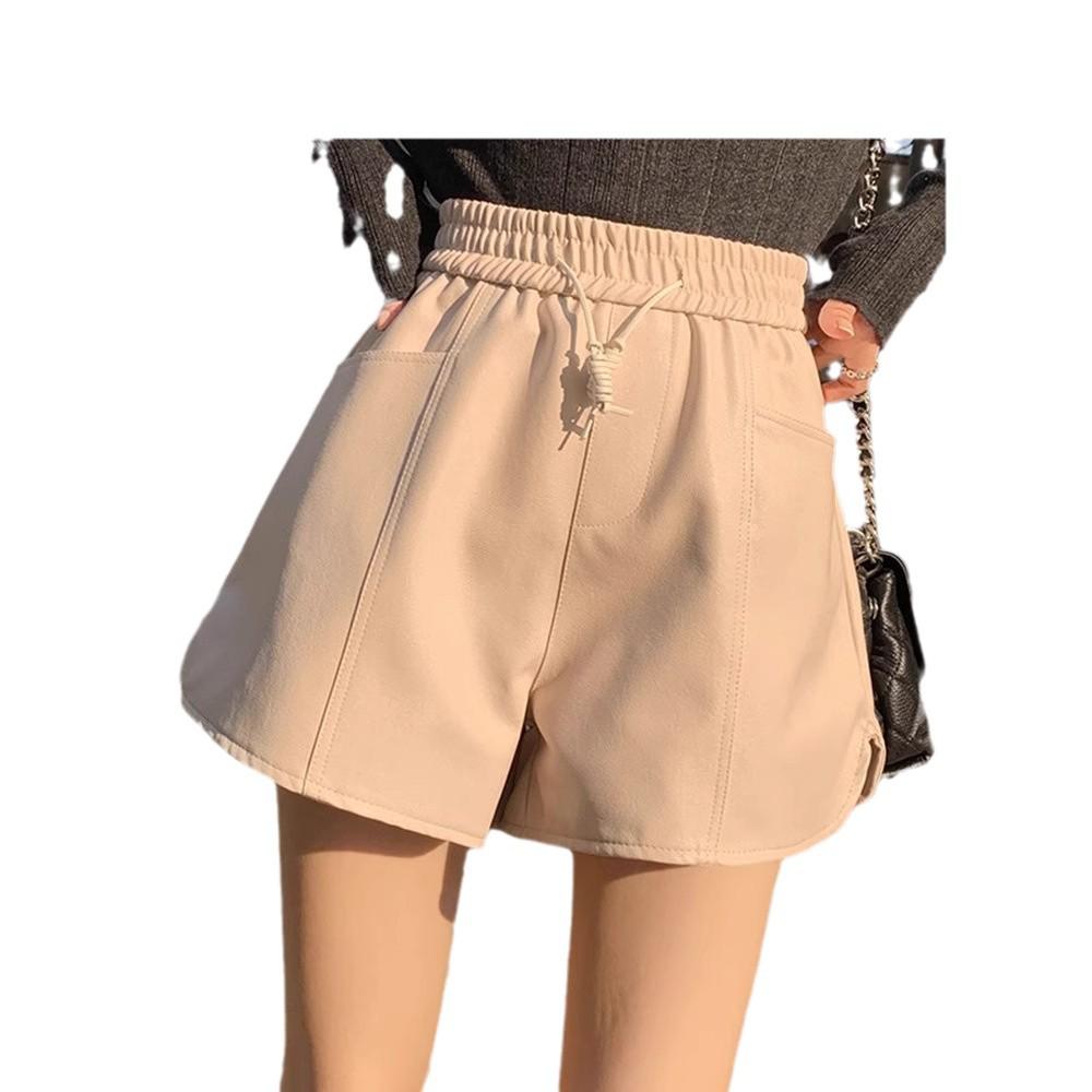 Autumn 2024 Women's High-Waist PU Leather Wide-Leg Shorts - Casual A-Line Style
