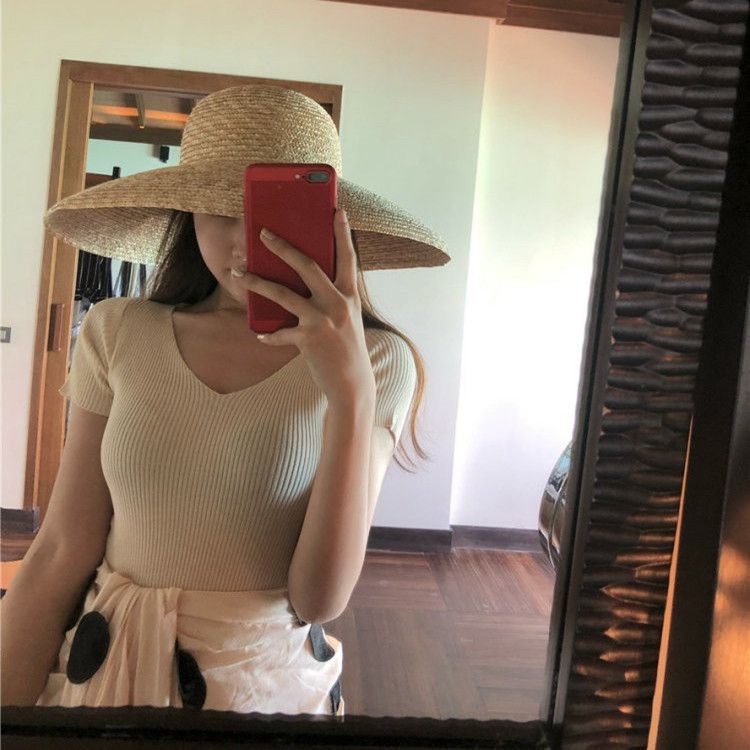 V-neck knitted sweater women's summer ice silk T-shirt new short-sleeved bottoming shirt women's slim top