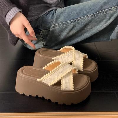 Muffin Thick Bottom Heightening Cross with Cool Slippers Women's Summer Wear 2025 Summer New Bohemian Beach Slippers
