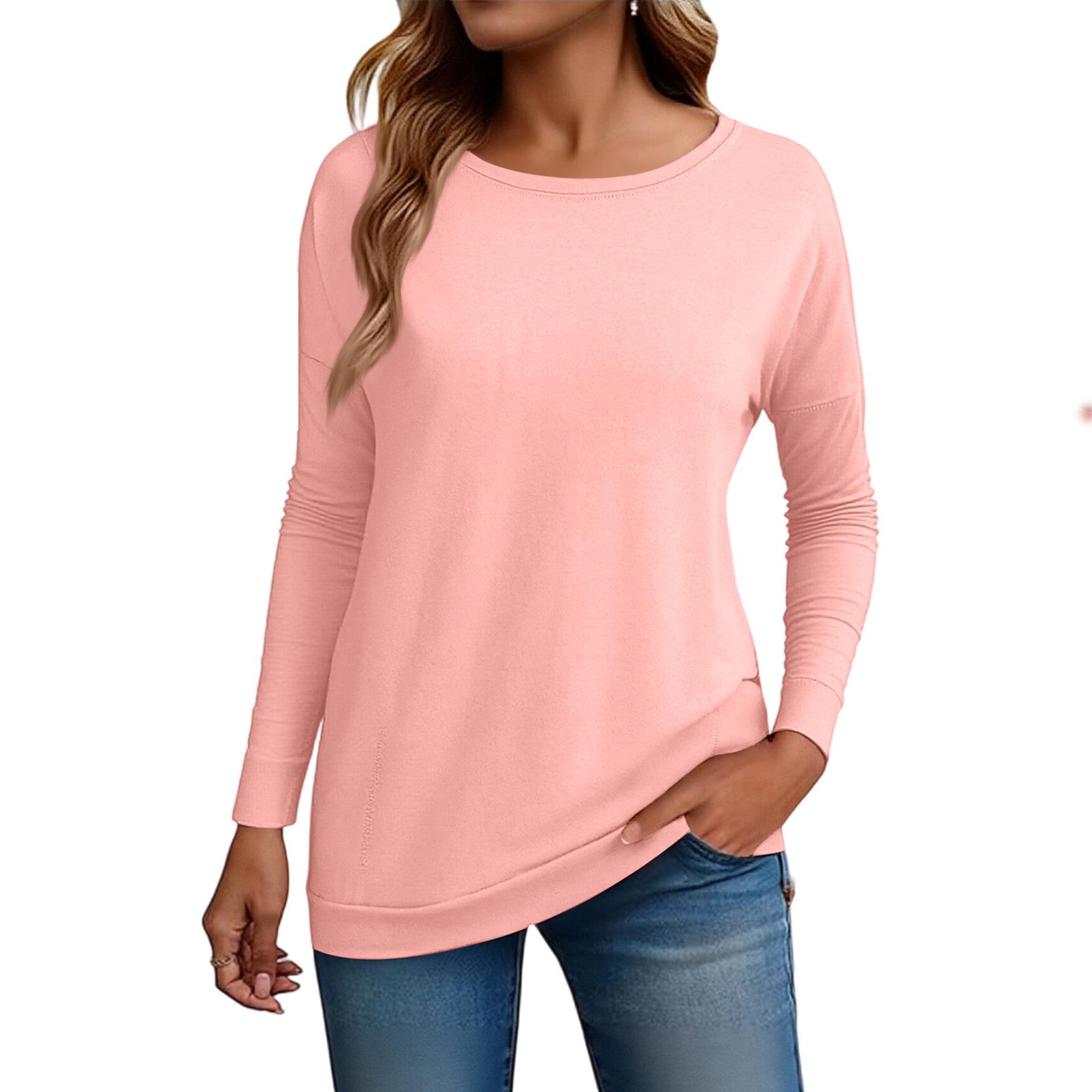 

Women s Fashion Loose Round Neck Long Sleeve Solid Color T-shirt Top L розовый