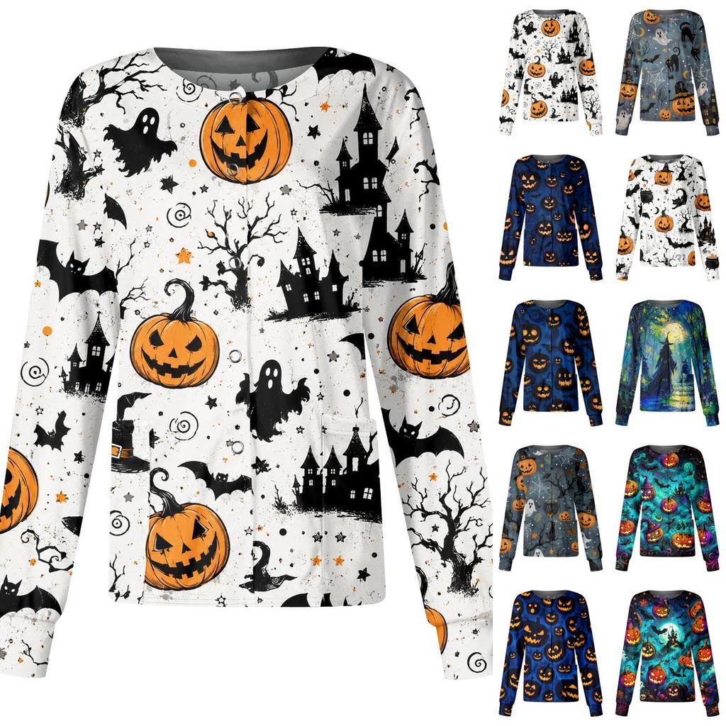 Halloween Print Casual Long Sleeve Single Breasted Caregiver Uniform Cardigan Top for Women Comfortable Workwear Shirt with Button Closure