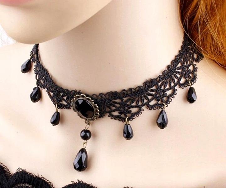 Gotycki Naszyjnik Czarna Koronka Styl Punk Damski Boho Folk Choker Retro