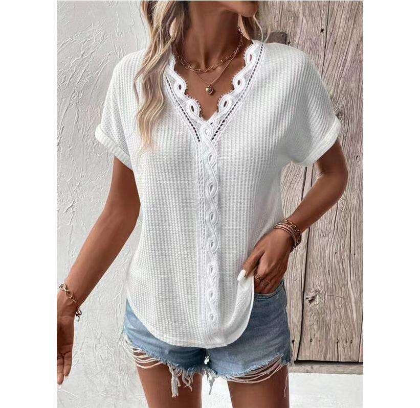 

Летняя рубашка Белая футболка Повседневный топ с кружевными рукавами и короткими рукавами Однотонный свободный топ Blusas Однотонный повседневный топ с v-образным вырезом 28333 XXXL белый