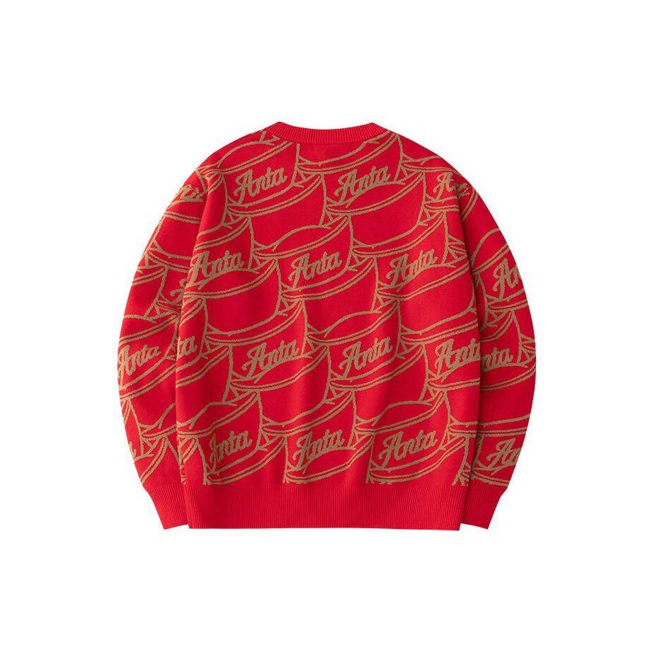 Anta Dragon Year Series Good Things Happen Pattern Printed Pullover Long Sleeve Knit Top Men tops Rich-Red Hazelnut-Brown 152418744-2