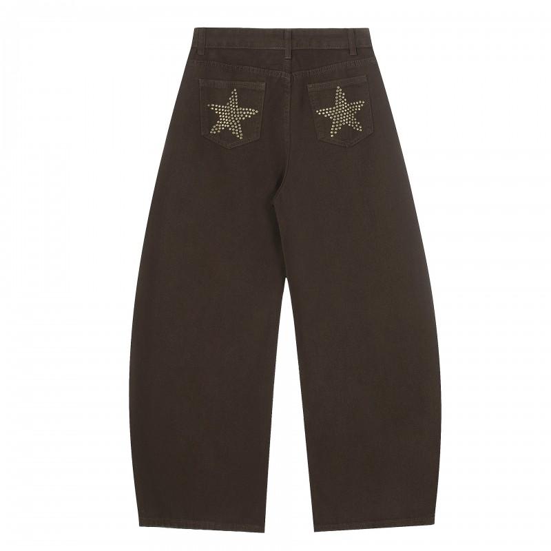Unisex Streetwear Loose Fit Cotton Trousers With Star Detail - Black Coffee Color Straight Leg Casual Pants