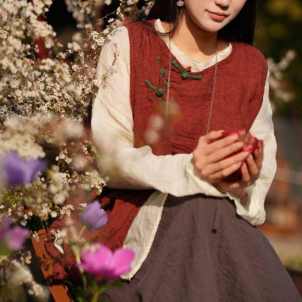 Johnature Damen Vintage T-Shirts Frühling Chinesischer Stil Rundhalsausschnitt Langarm Einfarbige Lockere Weiche T-Shirts