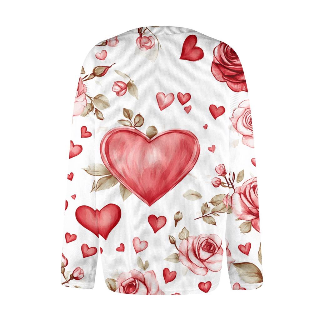 Women's Fashion Valentine's Day Heart Printed Long Sleeve Knitted Cardigan Button Jacket