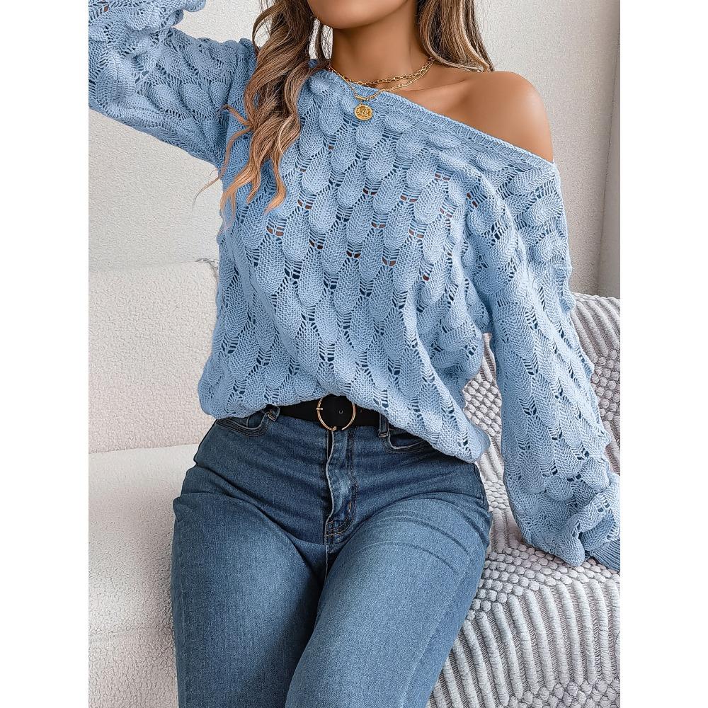 Autumn/Winter Women's Knitted Sweater Casual Feather-Patterned Openwork Off-the-Shoulder Sweater Featuring Bell Sleeves