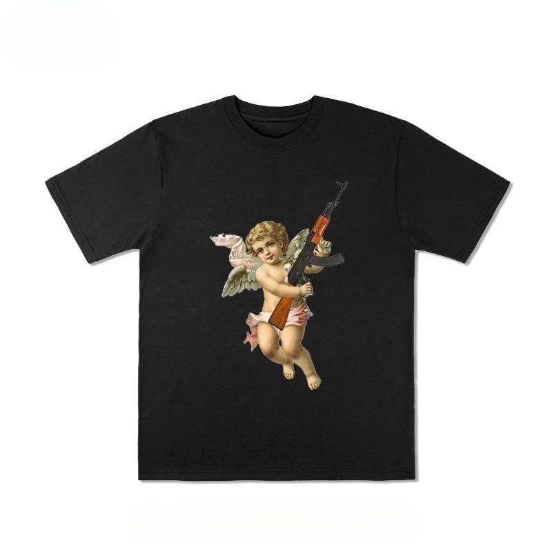 

Creative Angel Printed Cotton T-shirt Men and Women with The Same Round Neck Cotton Short-sleeved T-shirt Funny Clothes L