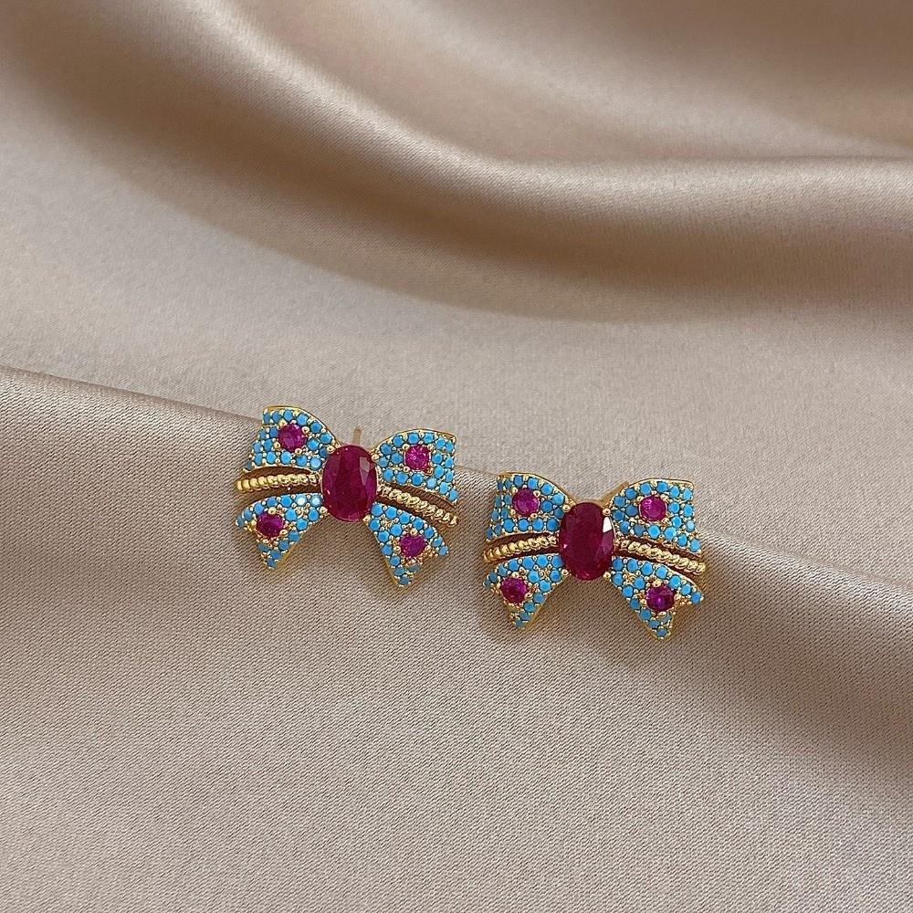 Zircon Korean Style Stud Earrings Blue Pink Bowknot Ear Studs Crystal Bow Earrings  Party