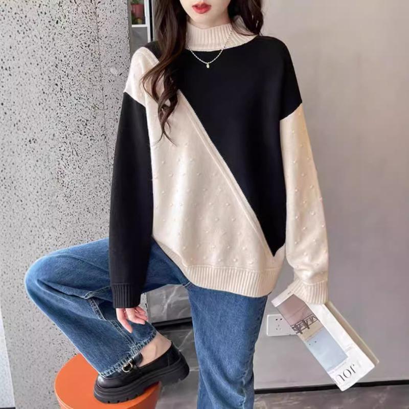 Autumn and winter new color matching knitted bottoming shirt for women with semi-turtleneck loose and lazy sweater for women
